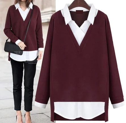 Новая мода tricot blusas женские топы Поддельные двухсекционные рубашки свитер с отложным воротником Женская одежда свитер плюс размер 5XL