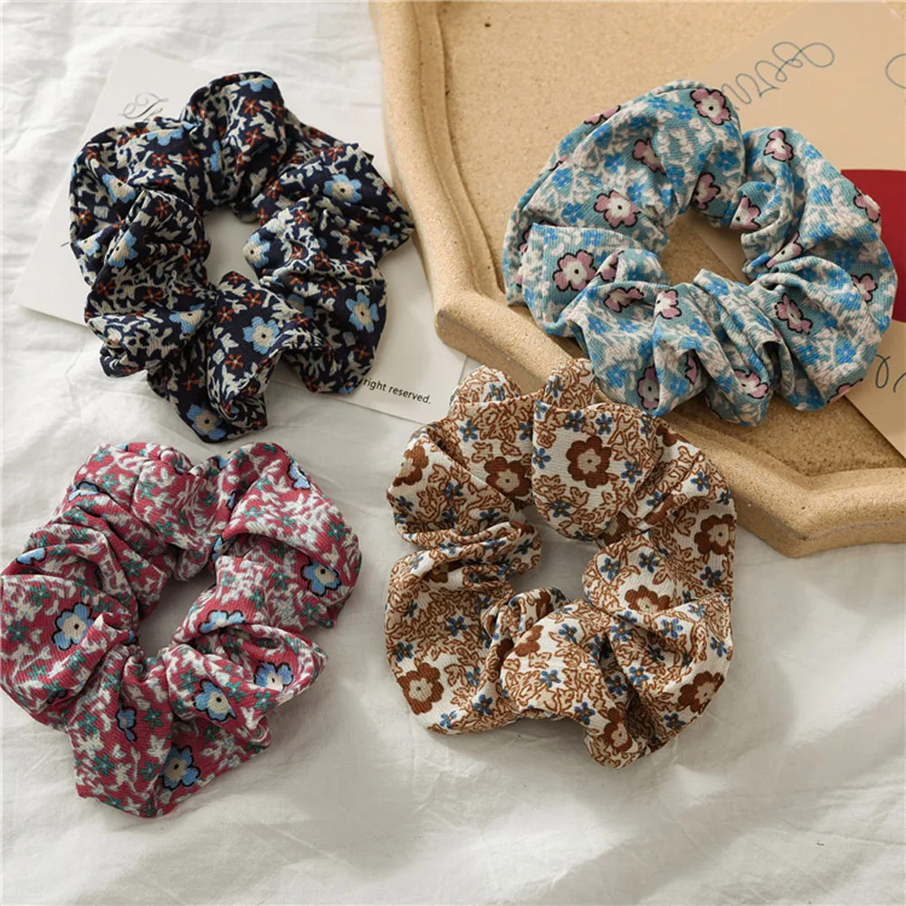 Vintage Flower Striped Plaid Soft Chiffon Hair Scrunchies Elegant Women Girls Printed Elastic Hair Rubber Bands Hair Accessories