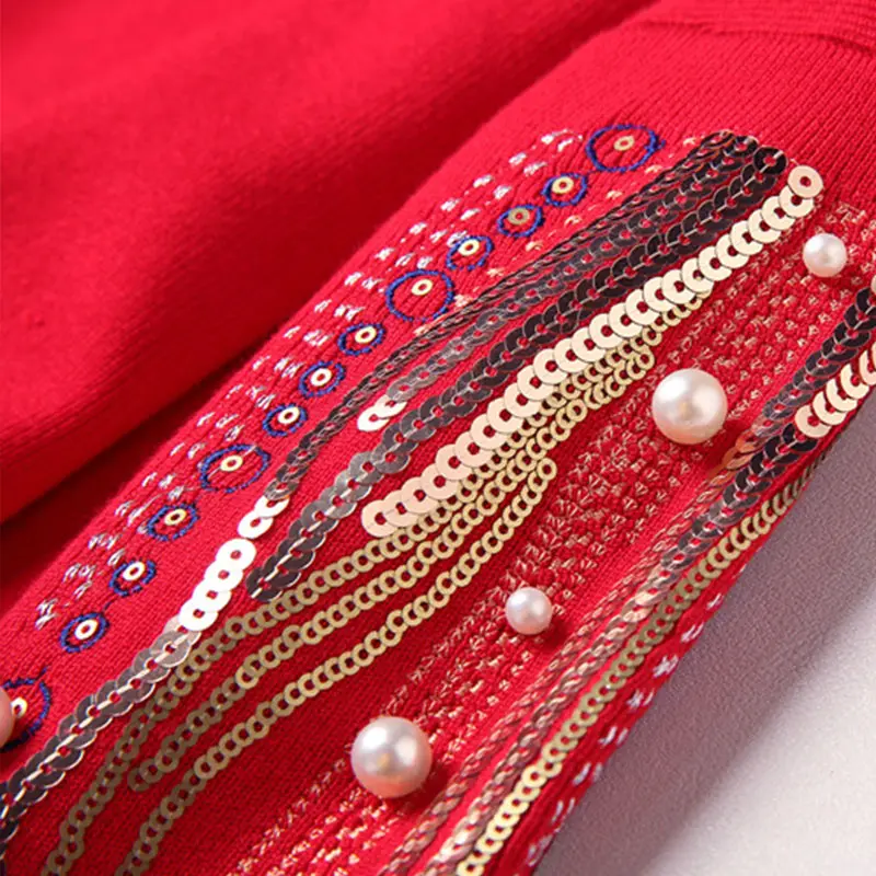 Knitted Embroidery Beads Pearl Women's Sweater Sequined O-neck Jersey Long Sleeve Pullovers Women 2020 Spring Sweaters Woman | Женская