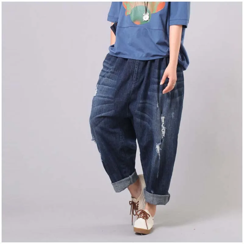 Корейские модные рваные джинсы в мужском стиле женские шаровары с эластичной