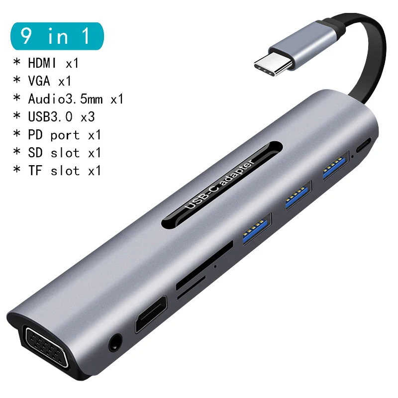 9in1 HDMI VGA MODE Док-станция с разъемом типа C HDMI VGA USB power Delivery Hub для ноутбука Macbook Pro hp DELL Surface lenovo samsung Dock - Цвет: 9in1 HDMI VGA MODE
