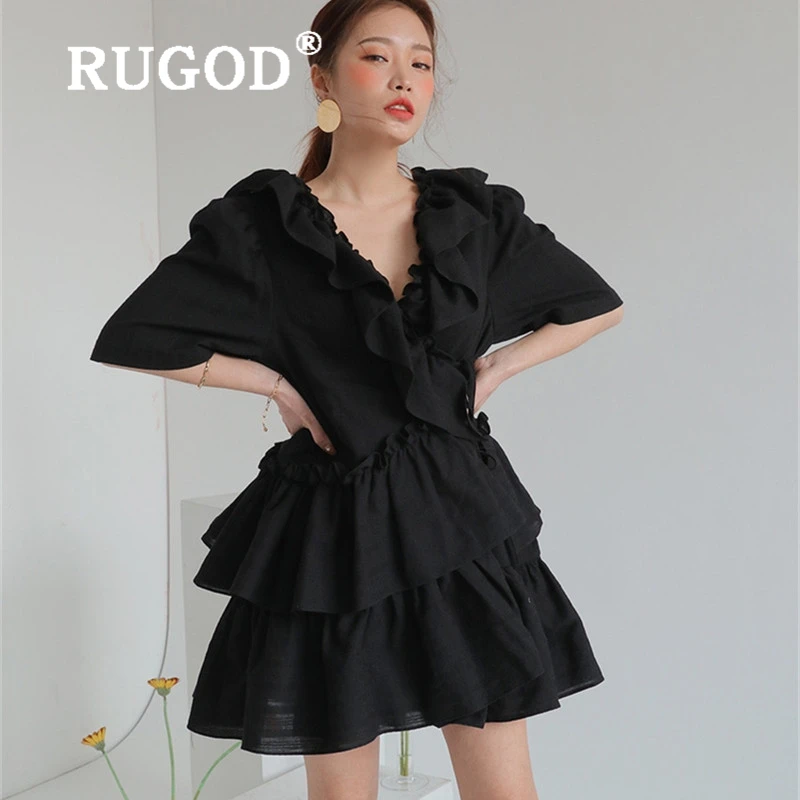 RUGOD корейское белое кружевное женское платье с оборками Элегантное летнее