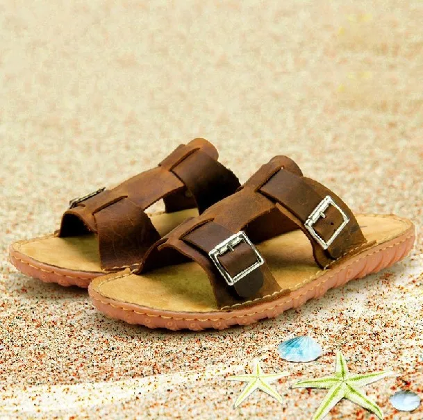 Комфортные шлепки мужская мода натуральной кожи слайды тапочки летний пляж