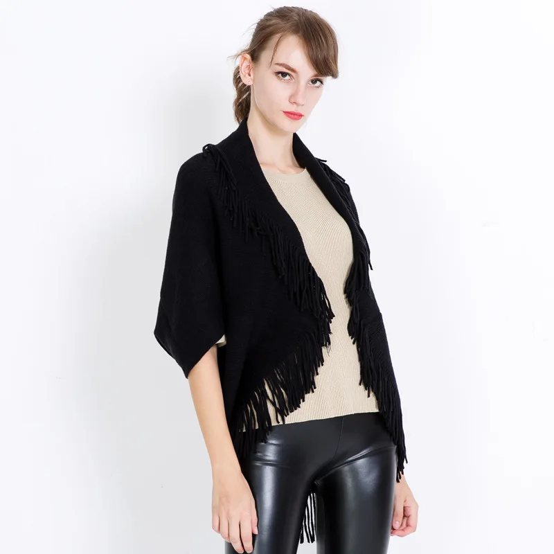Autumn Women Poncho And Capes Femme Hiver Cardigan Shawl High Elastic Khaki Tassel Knitted Ladies Sweaters Long Coat |