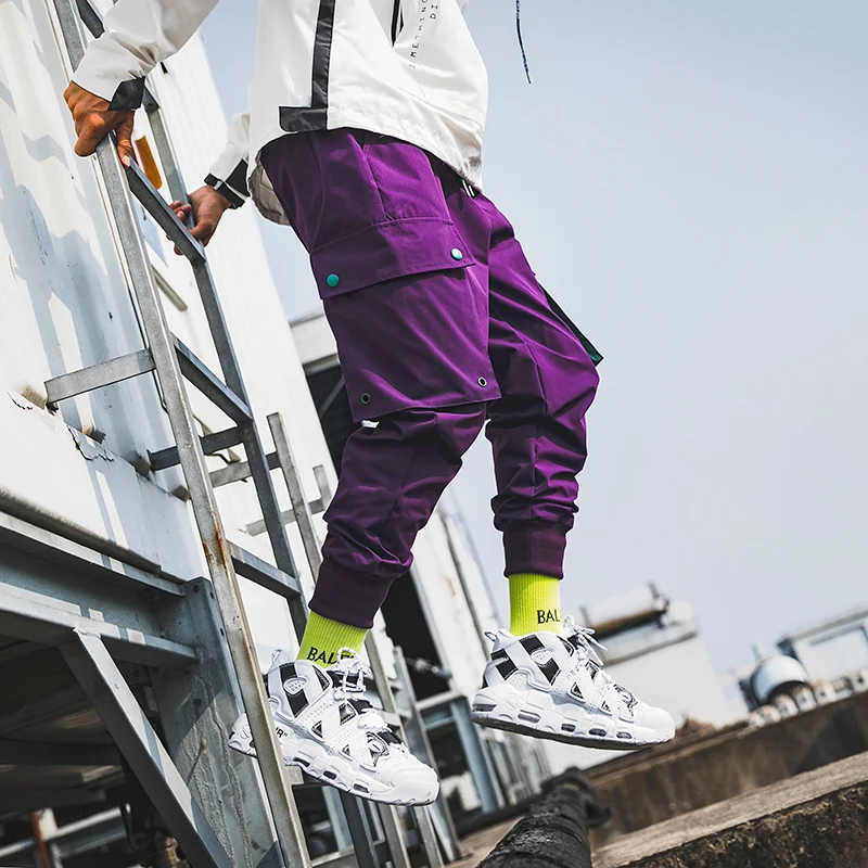 purple Casual Men Cargo Pants Cotton Polyester Drawstring Pockets Hip Hop Creamy-White Black Men Full Length Fashion Joggers Trouser - Цвет: purple