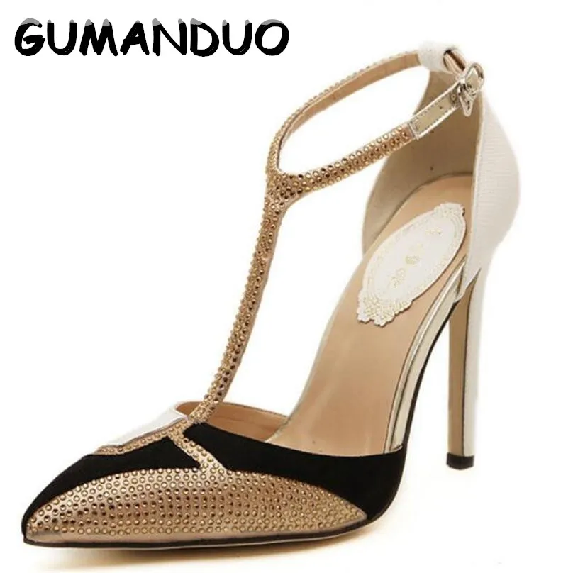 

GUMANDUO 2019 New Style Women Pumps Sexy Hollow Pointed Stiletto Heels Diamond Spell Color High Heels Gold Dress Shoes Woman