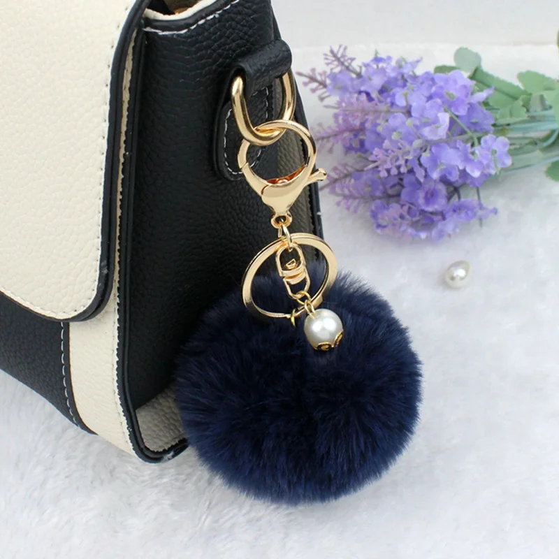 Navy blue 19 цветов, супер мягкие помпоны, пушистые подвески для ключей, искусственный мех кролика Рекс, жемчужный шар, автомобильный брелок, Женский кошелек, сумка, подвеска, брелок, держатель - Цвет: Navy blue
