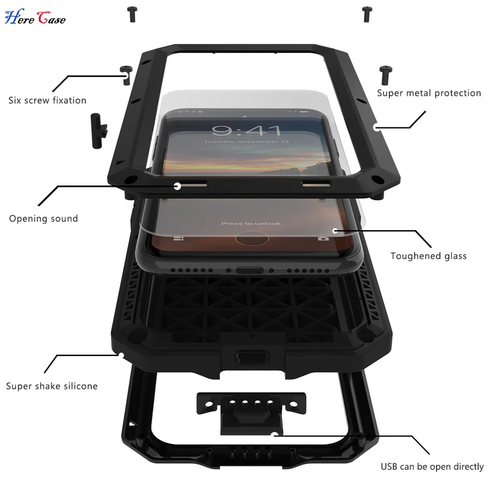 

Luxury Doom Armor Dirt Shock Waterproof Metal Aluminum Phone Bags case For iPhone X XS XR iPhone XS Max Cover+Tempered Glass