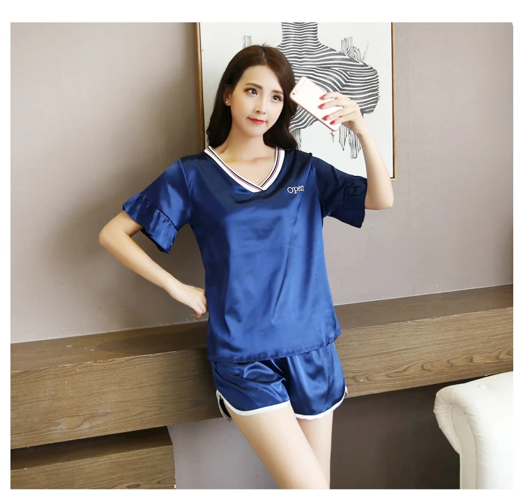 Летние женские пижамы пикантные шелковые V воротник костюм шелк имитация с