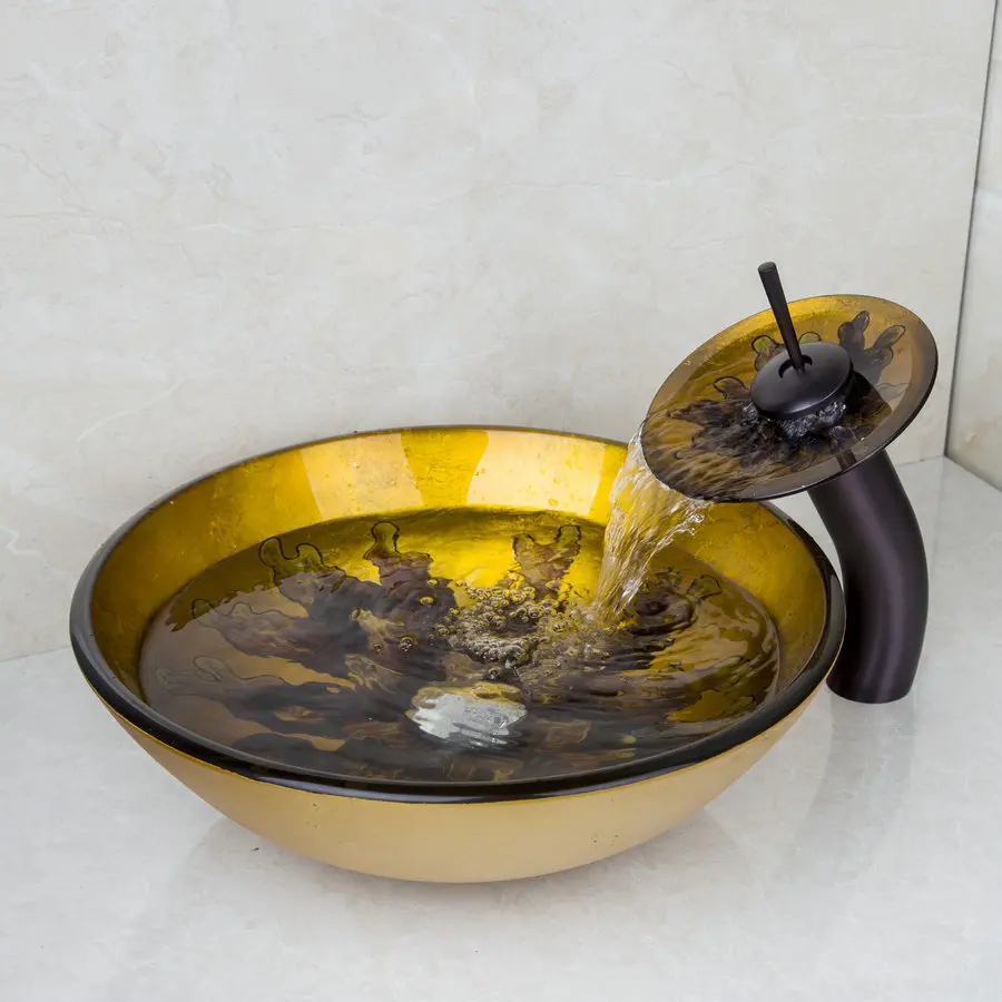 YANKSMART Yellow Algas Vessel Vanity Hand Painting Basin Sink Countertop Bowl Tempered Glass Faucet Set | Обустройство дома