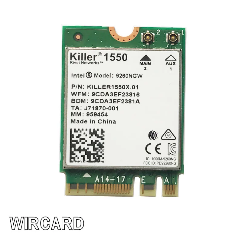 WIRCARD для Killer 1550 intel 9260 9260NGW NGFF 1730 Мбит/с WiFi + Bluetooth 5 0 802.11ac карта|Сетевые карты| |