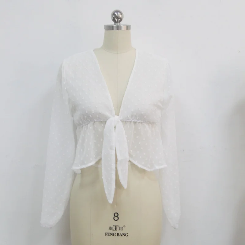 White blouse Блузка женская сексуальная прозрачная белая Кая рубашка пуловер в горошек с глубоким v-образным вырезом съемный бант оборки фонарь рукав короткий топ T89391 - Цвет: White blouse