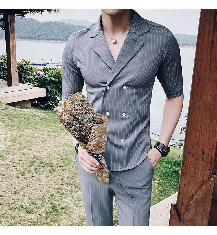 Двубортный костюм; летний костюм; Mariage Homme; цвет черный, белый, серый, синий; костюм в полоску; Uomo Trajes De Hombre