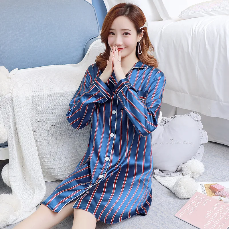 Smmoloa Для женщин с длинным рукавом шелковая ночная рубашка удобные атласные