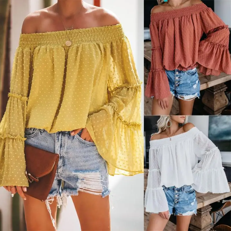 

Women Long Sleeve Blouses 2019 Autumn Womens Printed Dot Boat Neck Tops And Blouses Female Backless Off Shoulder Loose Blouses