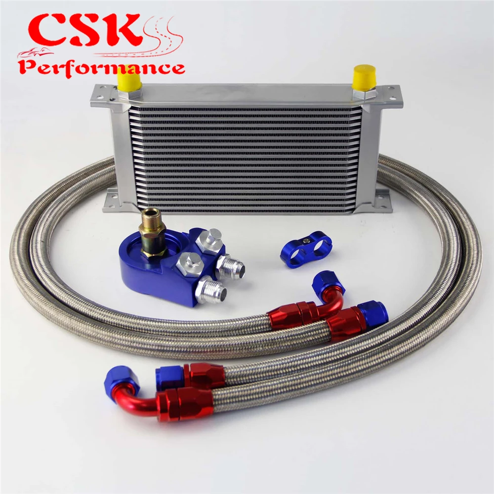 

Universal 19 Row 248mm AN10 Engine Transmission Oil Cooler British Type + Aluminum Filter Adapter Kit Blue