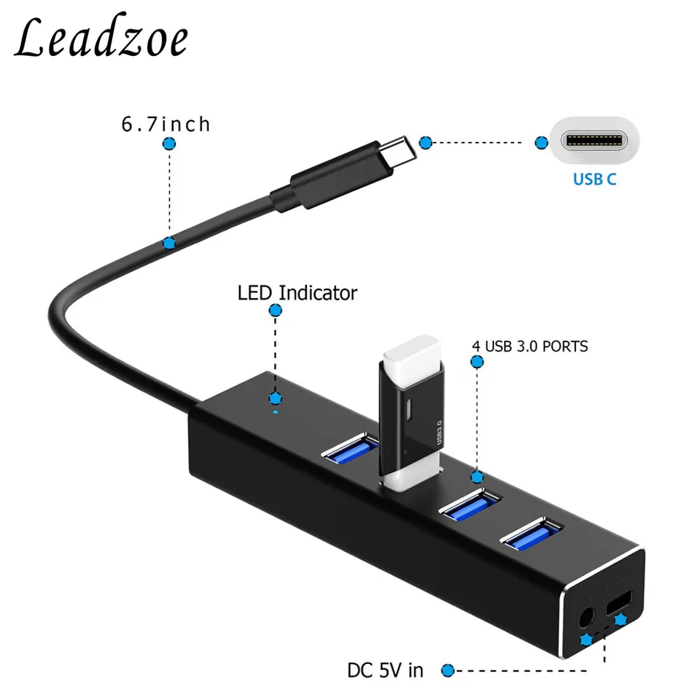 USB C Hub Leadzoe алюминиевый 4 портовый концентратор Type w/Встроенный кабель и