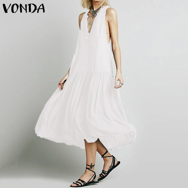VONDA, летнее платье, женское, сексуальное, v-образный вырез, открытая спина, без рукавов, большое, свободное, вечерние, платье,, повседневное, Vestido, пляжное платье, Femme размера плюс