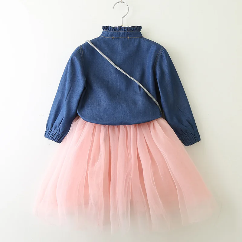 Girls Dress Casual Style Christmas Long Sleeve Denim Cartoon Embroidery Shirt+Mesh 2pc for Clothes | Детская одежда и обувь