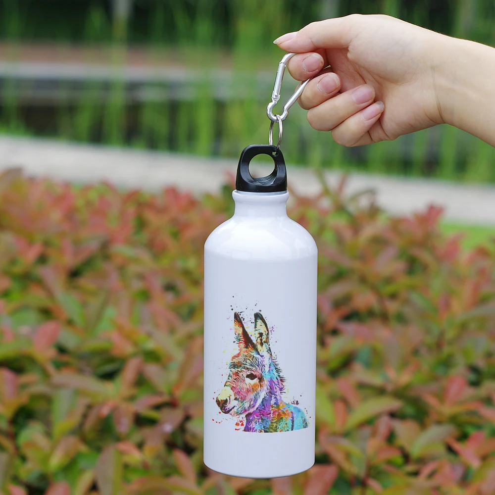 Watercolor Wild Animals Theme Cute Water Bottle with Carabiner 600ml Sport Aluminium for Biking Camping Climbing Hiking | Дом и сад
