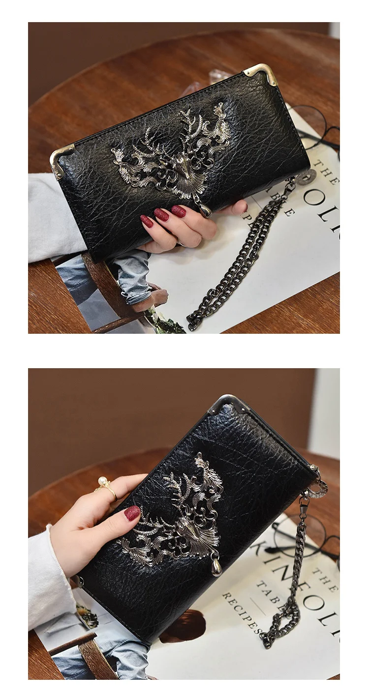 new European and American tide metal deer head wallet female long multi-card student zipper handkerchief coin purse 064