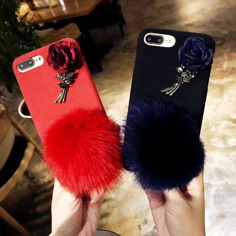 HOCAYU розы 3d чехол для телефона Iphone х лисий мех мяч Pom тканевый 7 плюс 8 девушка