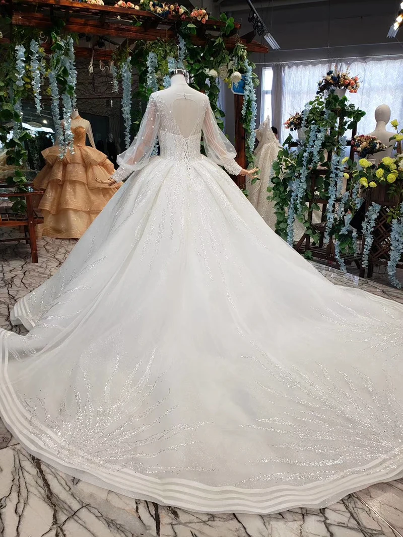 LS11882G скромные свадебные платья, свадебные платья со шлейфом, с высоким воротом, с длинным рукавом, свадебное платье, vestido de noiva princesa com brilho