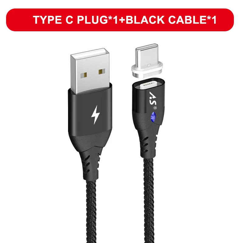 Магнитный кабель A.S, микро usb type C, супер быстрая зарядка для телефона, микро usb type-C, магнитное зарядное устройство usb c для iphone, huawei, xiaomi, для передачи данных - Цвет: Black for Type C