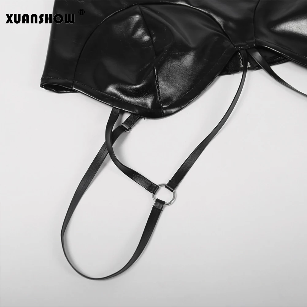 XUANSHOW укороченный топ Для женщин пикантные черные сапоги женские нижнее белье майки топы без рукавов ПУ бюстгальтер жилет женский Seamless Bralette майка
