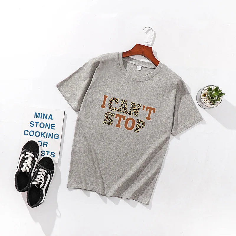 

S-3XL Leopard Letter Print Spandex Soft feeling T Shirt Women Shirts O Neck Short Sleeve Summer T-Shirt Tops Casual Pink TShirt