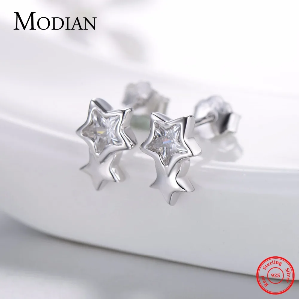 Modian, серебро 925 пробы, простой дизайн, серьги-гвоздики, блестящие, звезда, CZ, классика, модные ювелирные изделия для женщин, свадьба, рождественский подарок