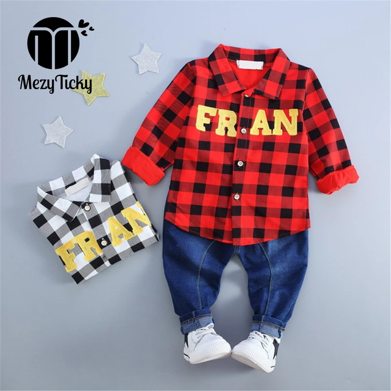 Kids Plaid Shirt + Pant 2pcs Clothing Baby Boys Boutique Denim Fashion Clothes Sets Tiny Cottons Winter Formal Children Costumes | Детская