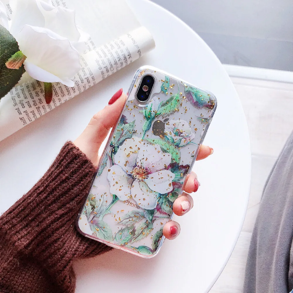 Сверкающие Цветы Золотая фольга мягкий ТПУ чехол для телефона iphone 6 6s 6plus X 7 8 plus XR XS