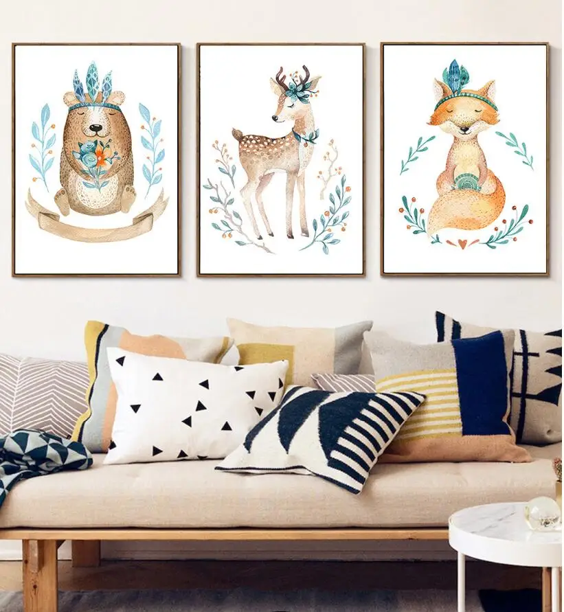 

Nordic Cartoon Elk Fox Bear Posters and Prints Watercolor Cute Animals Canvas Painting Wall Pictures for Kid's Room Decoration