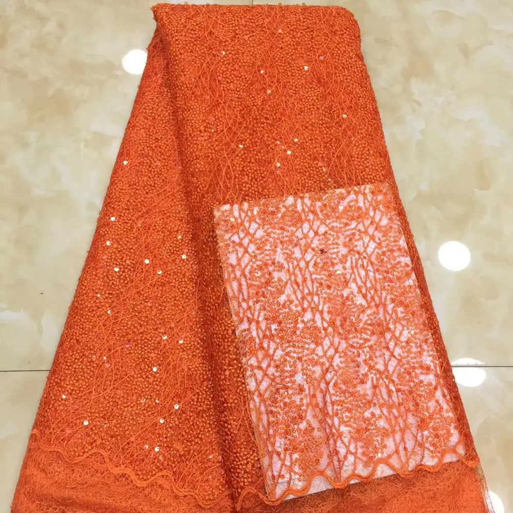 

Cassiel оранжевая кружевная ткань с вышивкой, африканская французская кружевная ткань высокого качества, кружевная ткань с блестками для афри...