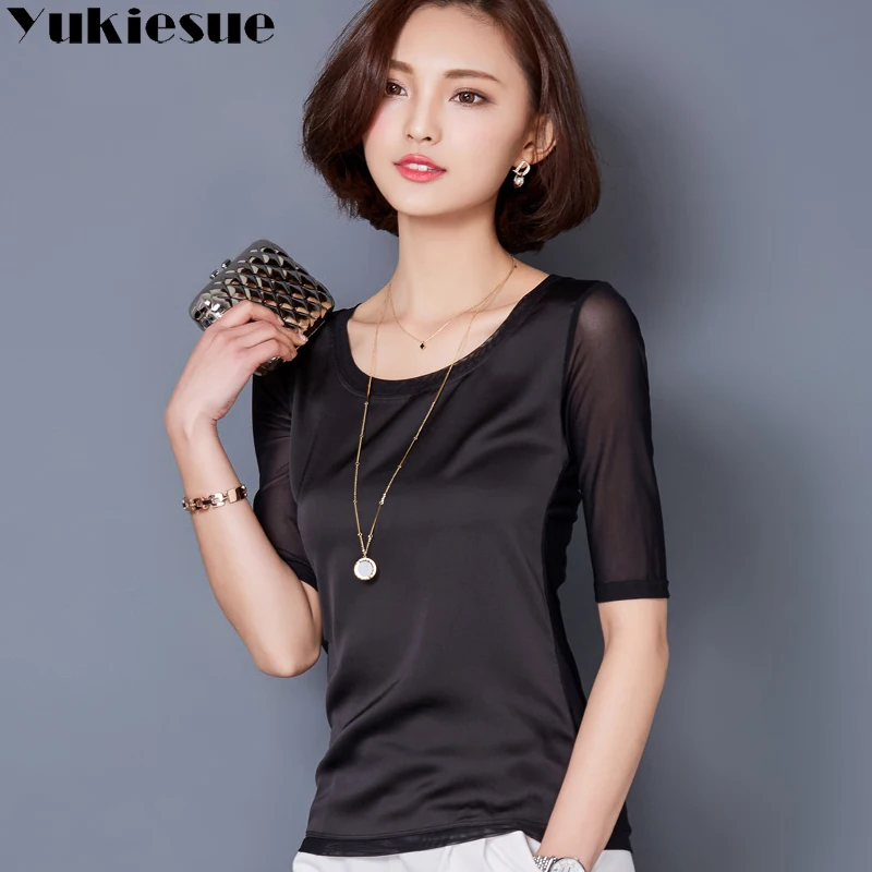 Женская футболка camisetas mujer 2018 летний топ с рукавом до локтя повседневная шелковая
