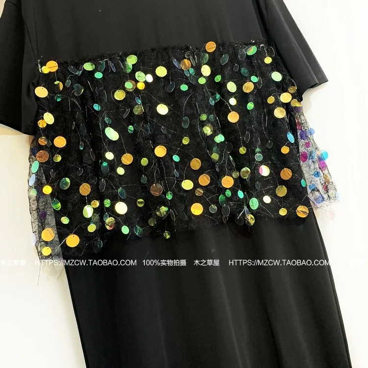 QING MO Women Black Sequin Dress Summer T Shirt Short Sleeve Knee-Length 2020 Hot ZQY1067 | Женская одежда