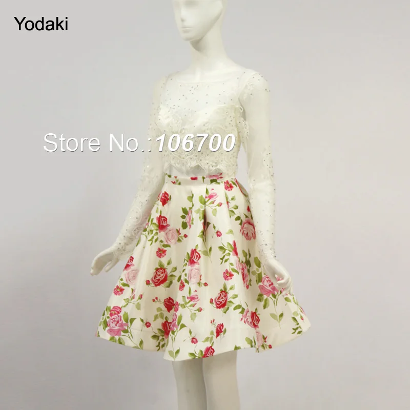 

Two Pieces Lace Printed Homecoming Dresses Long Sleeves Boat Neck Party Dresses Pleat Ruched Many Colors Short Prom Gowns JB980