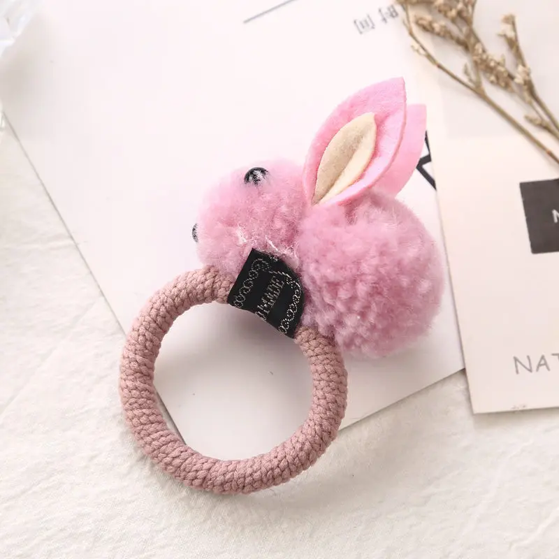 Pink rubber band Новинка года; модные милые заколки для волос с помпонами кролика; заколки для волос для девочек; повязка на голову; резинка для волос; Детские аксессуары для волос - Цвет: Pink rubber band