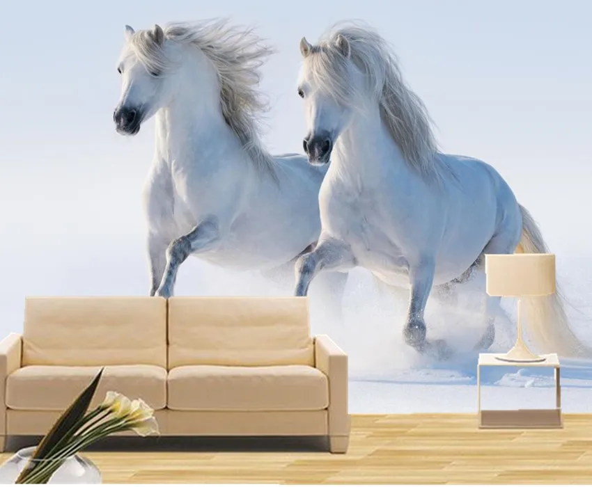 Custom 3d mural Two white horses running in the snow papel de parede hotel restaurant living room sofa TV wall bedroom wallpaper |