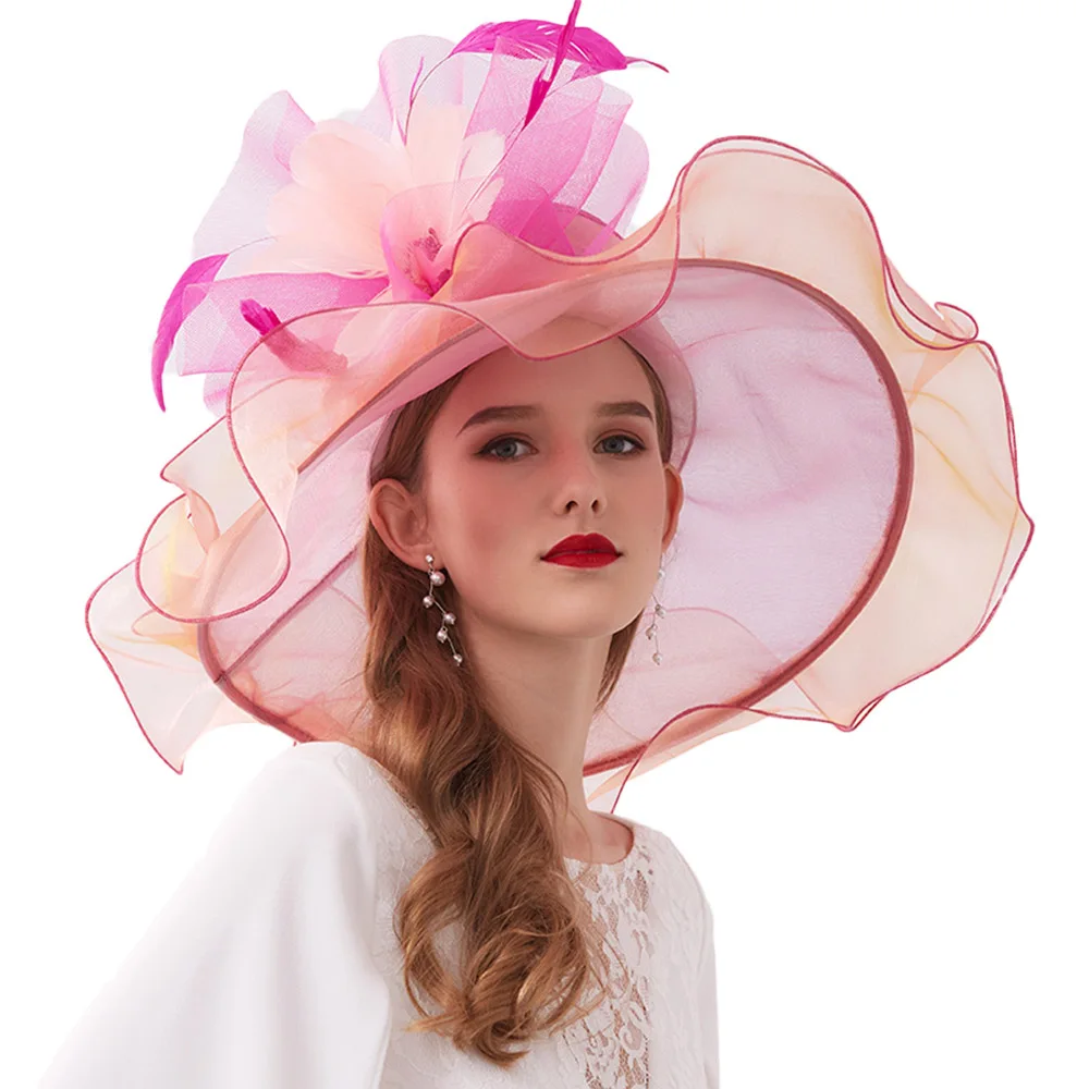 Rose Pink Sun Hats FS новые женские шляпы для церкви, элегантные летние шляпы из органзы, женские вечерние шляпы с большим цветком - Цвет: Rose Pink Sun Hats
