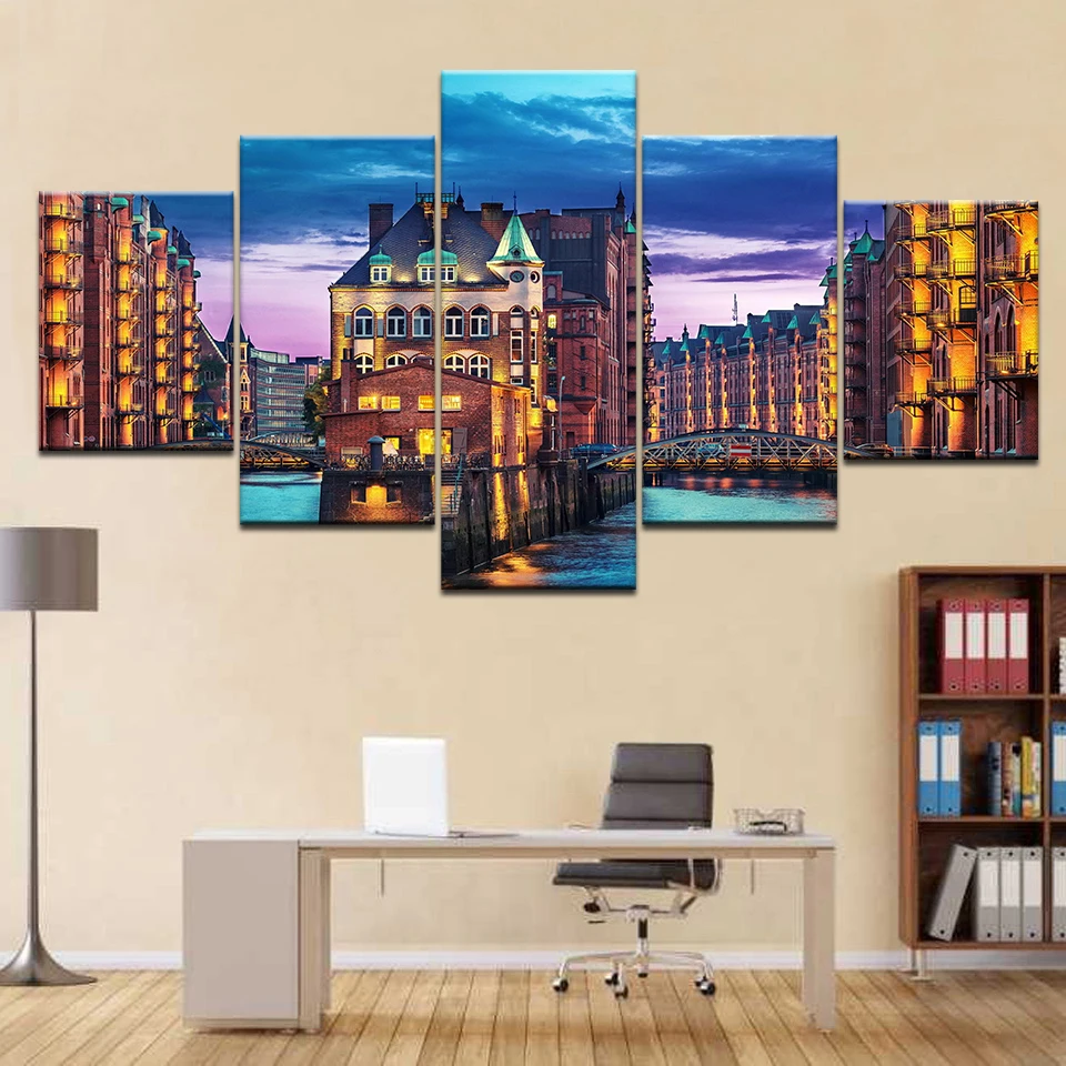 2017 Wall Art Холст Картины маслом 5 шт. город Германия Гамбург светильник ручной