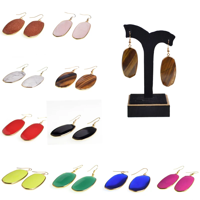 

Pink Green Natural Stone Oval Earrings Pendant Women Quartz Fashion Jewelry 2018