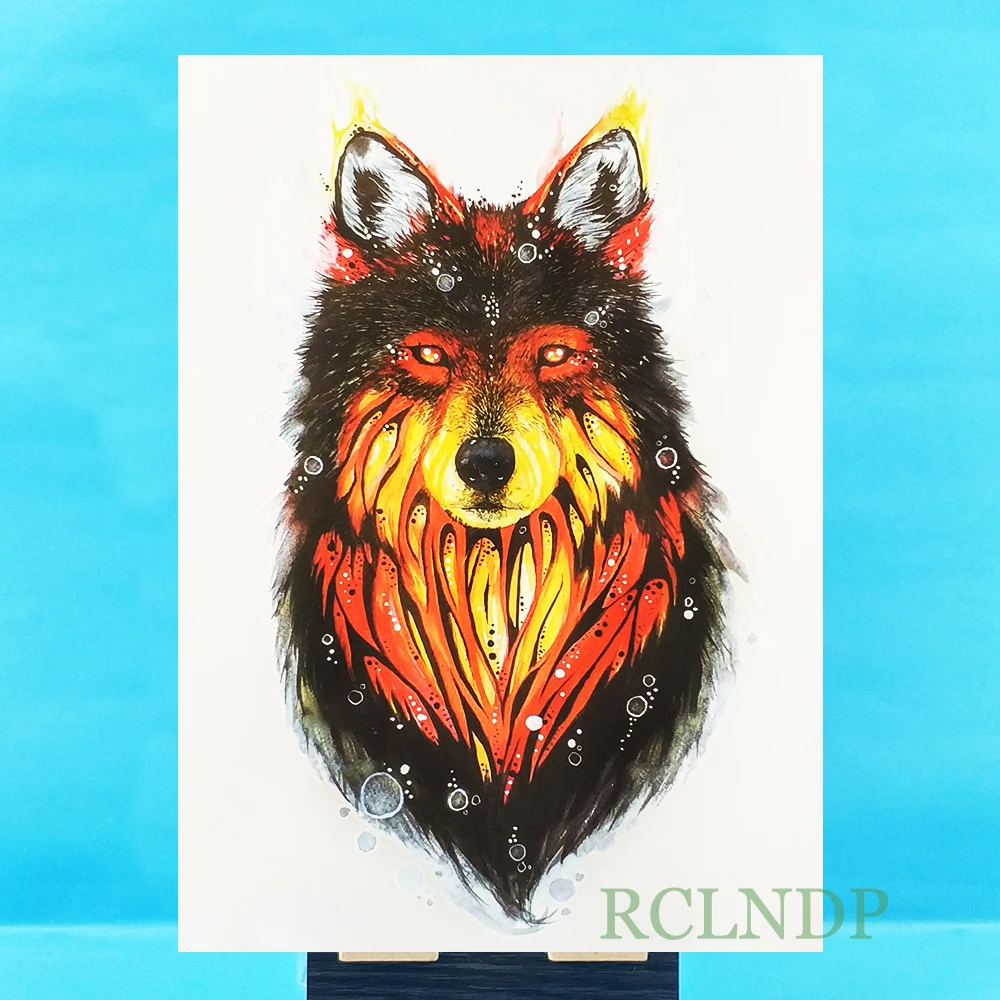 Водостойкая Временная тату наклейка волк воловья голова огонь поддельные флэш