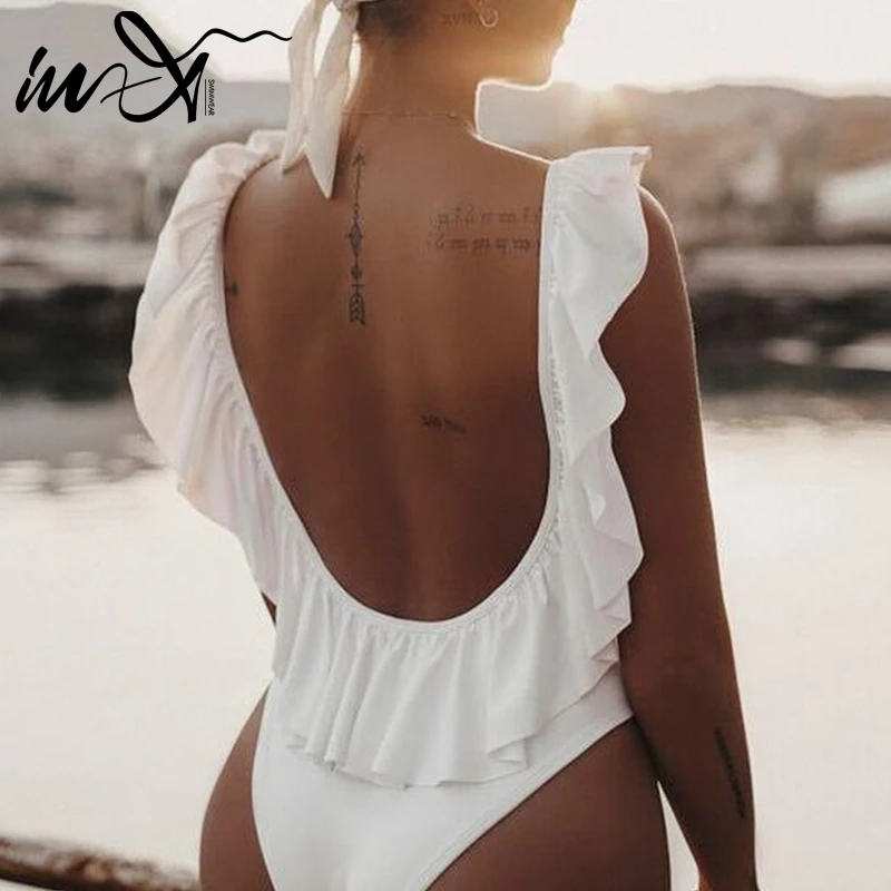 In-X Ruffle sexy monokini 2019 White bikini High cut swimsuit female bathers Plus size swimwear XL bathing suit black one piece | Спорт и