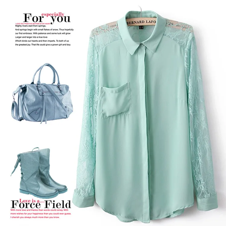 The European style unilateral pocket lace chiffon patchwork wild shirt wholesale X521 |