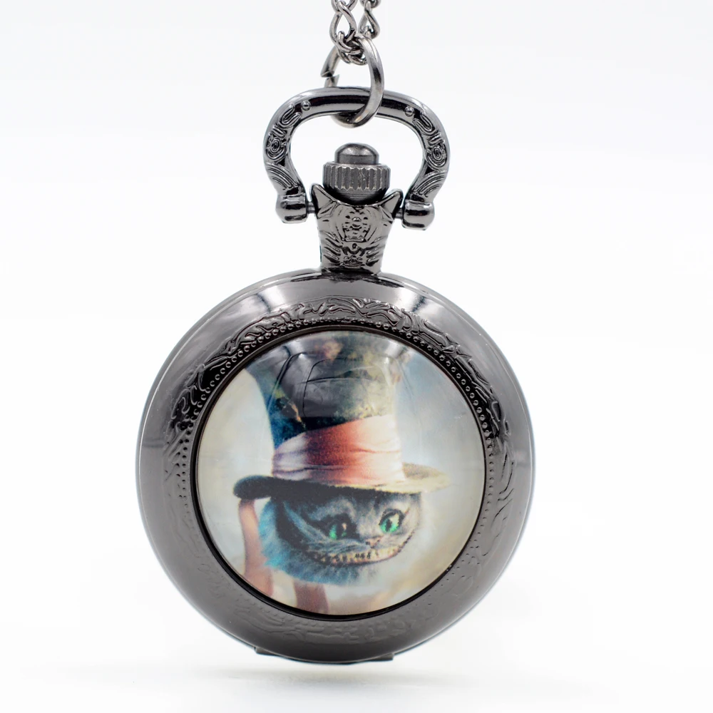 Алиса в стране чудес Чеширский кот с шляпой кварцевые карманные часы ожерелье