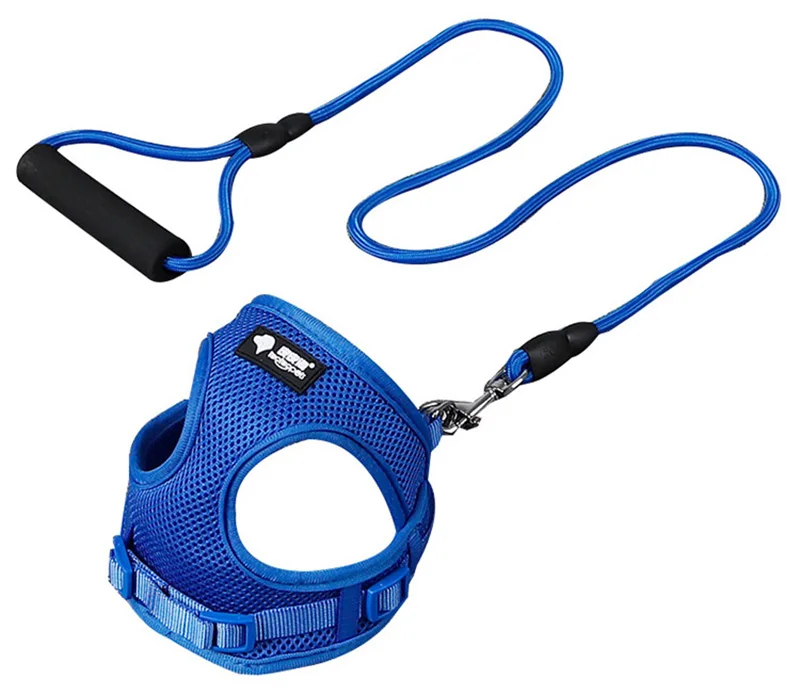 Blue Round Rope Сетка собачья шлейка-жилетка дышащая кошачий ошейник и поводок Комплект нейлон Собака Щенок Воротник для прогулок и пробежек; животное кошка собака жгут для маленькой собаки Йорки - Цвет: Blue Round Rope