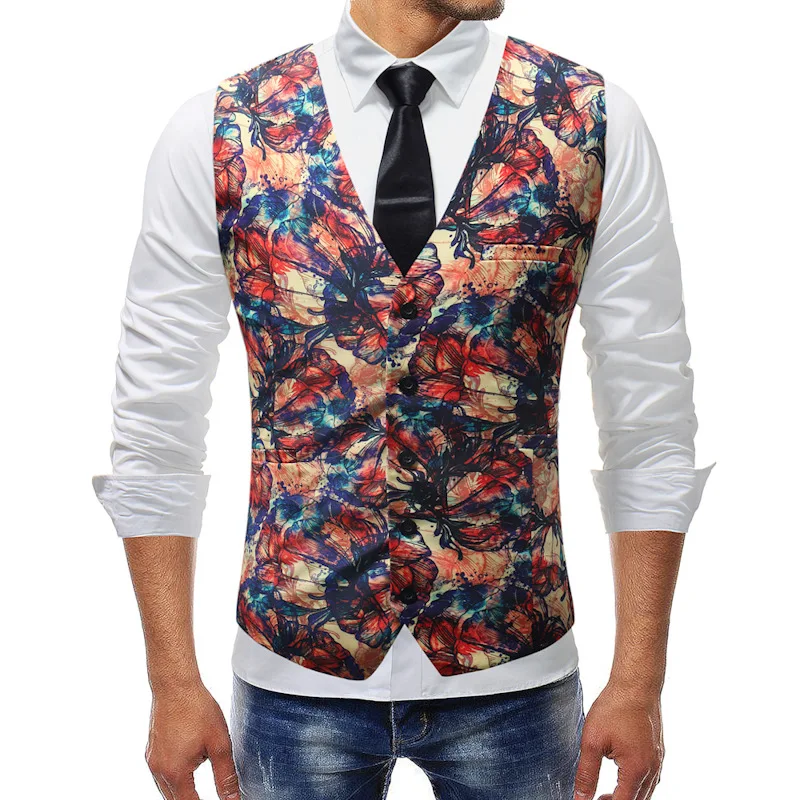 New M-5XL Men's Vest 2020 Chalecos Para Hombre Men Fashion Print Flower Casual Suit Four Seasons Colete Masculino | Мужская одежда