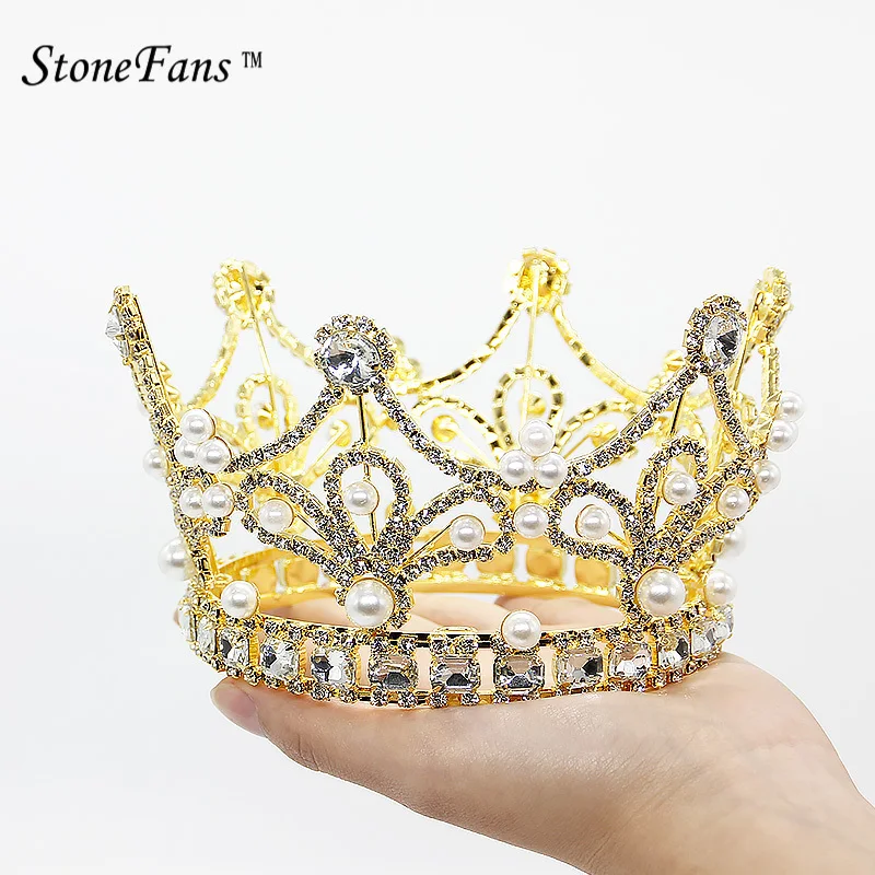 

StoneFans Elegant Crystal Hair Pearl Crowns Tiaras Gold Pearl Headband Dubai Wedding Party Hair Accessories For Women Broches